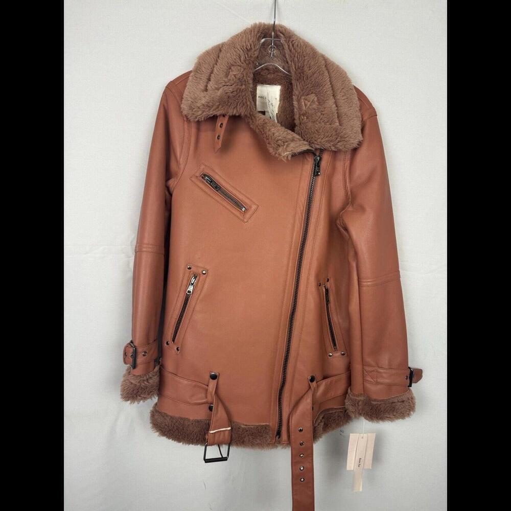 Avec les Filles Oversized Faux Fur Lined Belted Biker Jacket Flamingo Size S